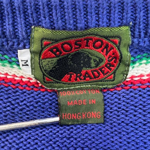 Vintage Boston Traders Mens Knit Sweater Striped Crew Neck Tight Knit Med Navy - Picture 4 of 12